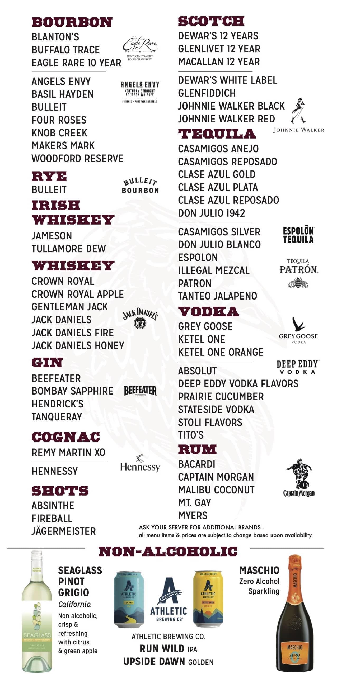MudHen Brewing Company spirits and non-alcoholic menu, October 2026