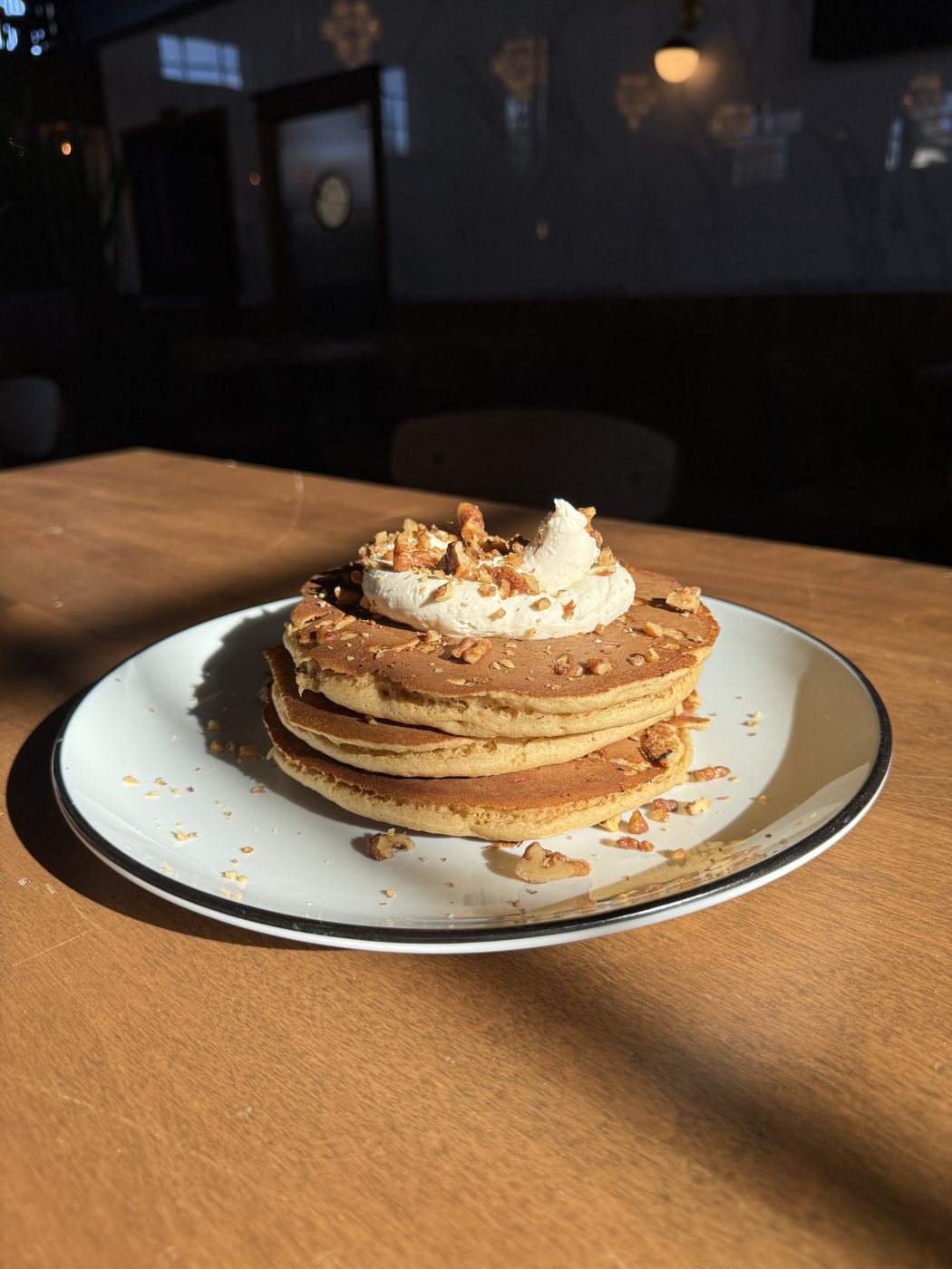 Buttermilk pumpkin pancakes with sweet cream cheese and pecans at The Station House